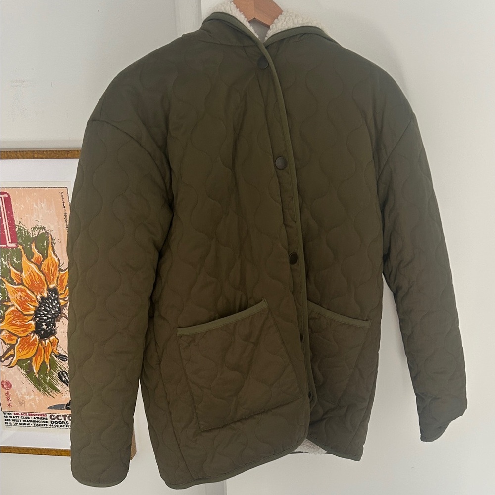 Reversible Cream Sherpa Hooded Jacket with Olive Patch Pockets - Picture 2 of 2